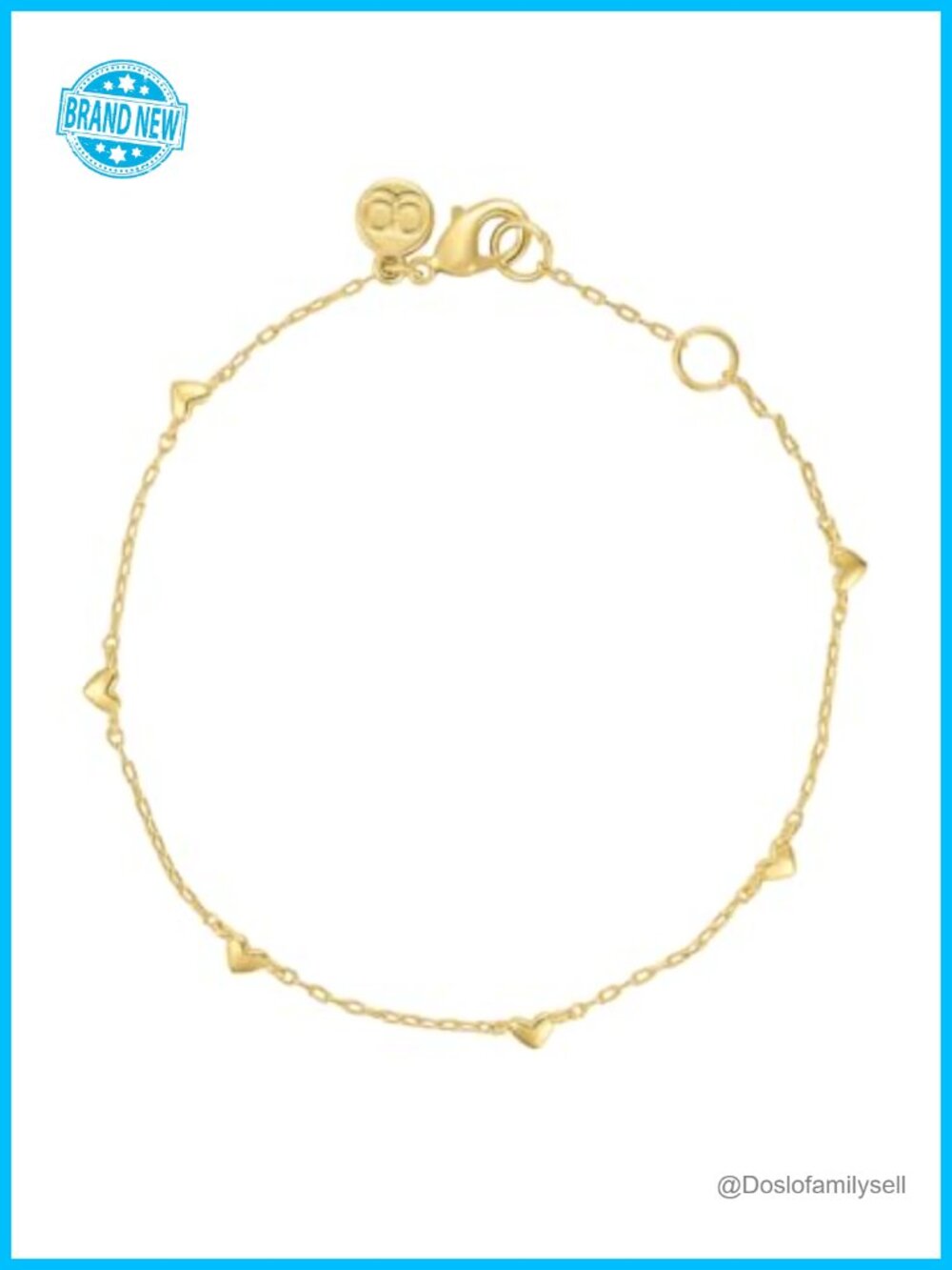 18k Gold Plated Brass Link Bracelet with Red Enamel Hearts, Adjustable 6.5-7
